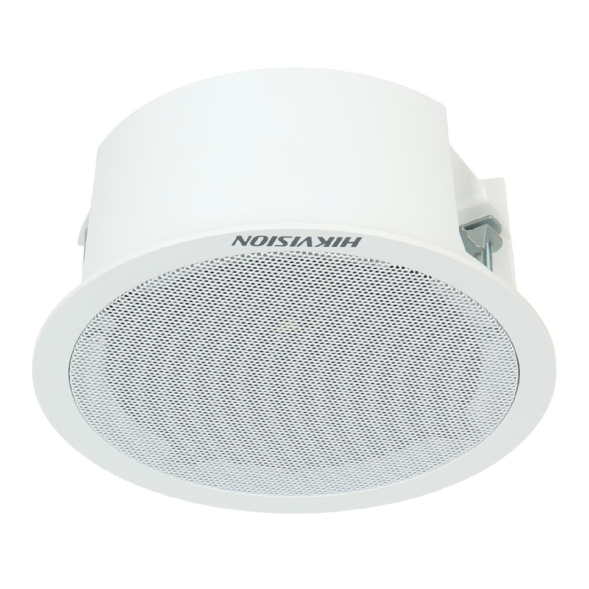 Yuvarlak delikli ızgaralı beyaz bir Hikvision tavan hoparlörü.