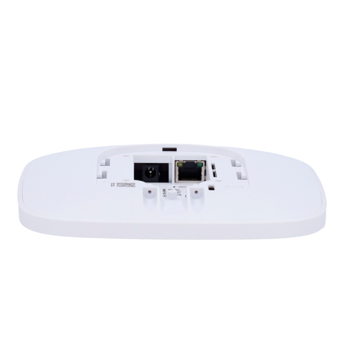 Dispositivo bianco con porte: presa di alimentazione e porta Ethernet.