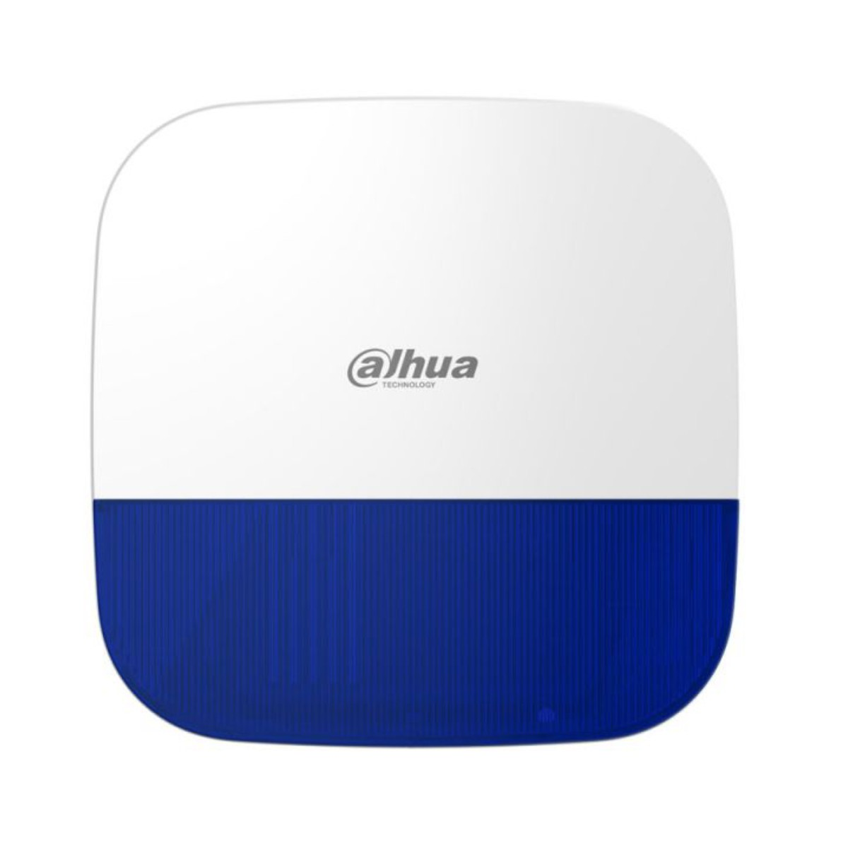 Un dispositivo Dahua Technology bianco e blu con angoli arrotondati.