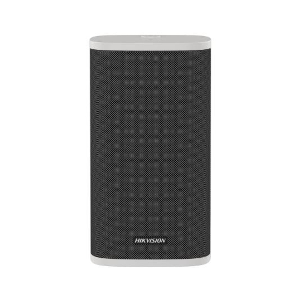 Un altoparlante cilindrico nero con coperchio bianco e logo.