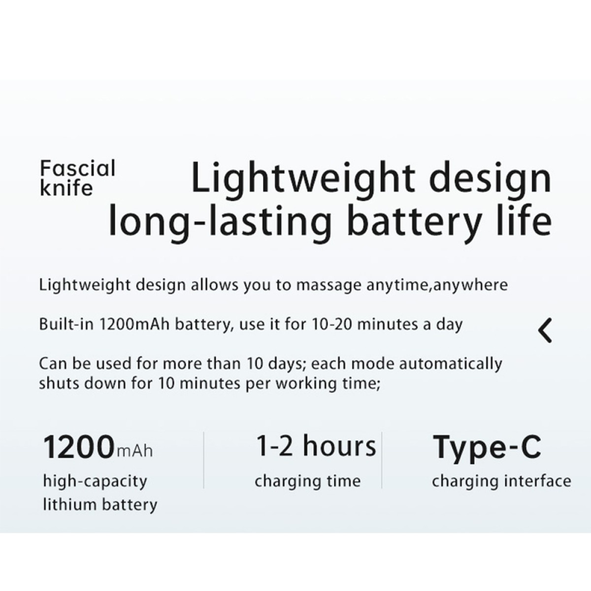 Lekka konstrukcja, długa żywotność baterii: 1200mAh, ładowanie 1-2h, Type-C.