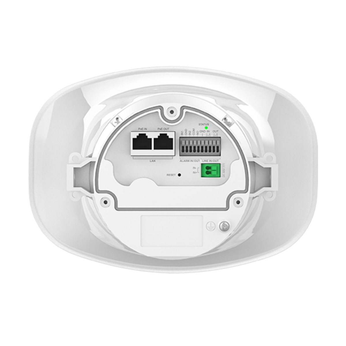 Dispositivo bianco con porte: LAN, PoE IN, PoE OUT, spia di stato, pulsante reset e morsetti allarme/linea.