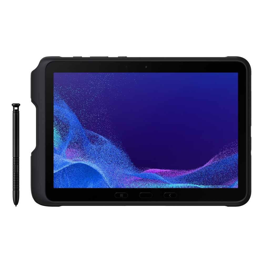 Czarny tablet ze stylusem na białym tle. Ekran wyświetla niebiesko-fioletową chmurę cząstek.
