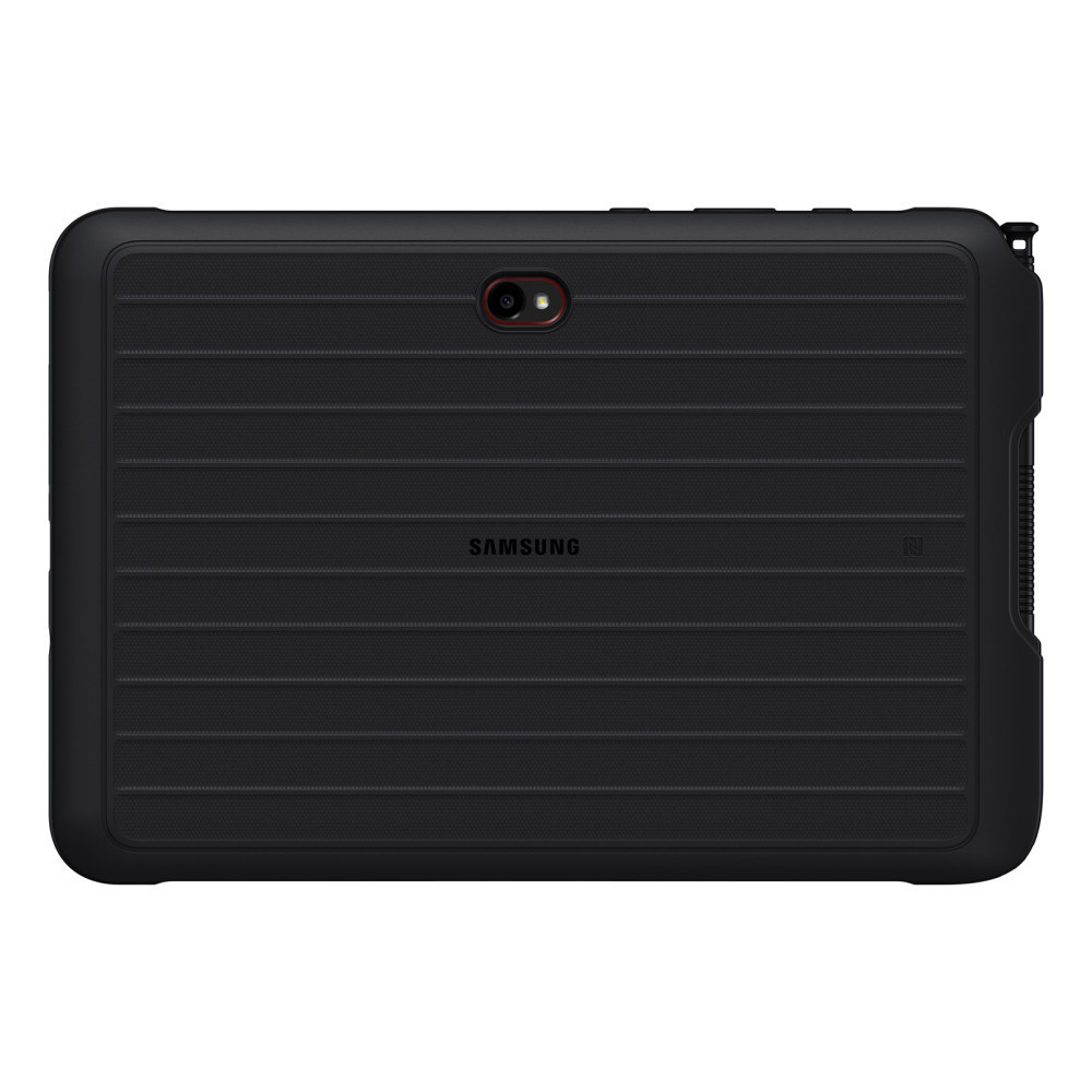 Tył czarnego tabletu Samsung z prążkowaną teksturą i aparatem.