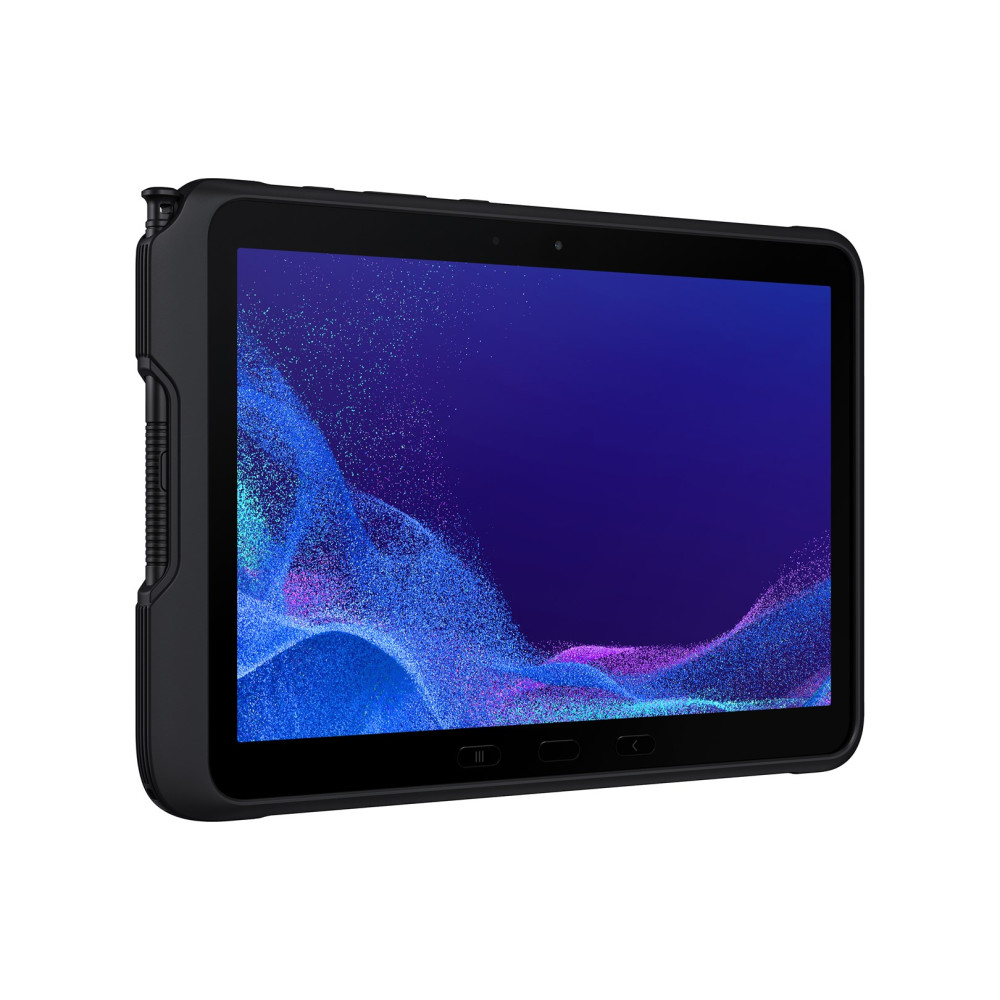 Czarny tablet z ciemnym, abstrakcyjnym tłem na ekranie.