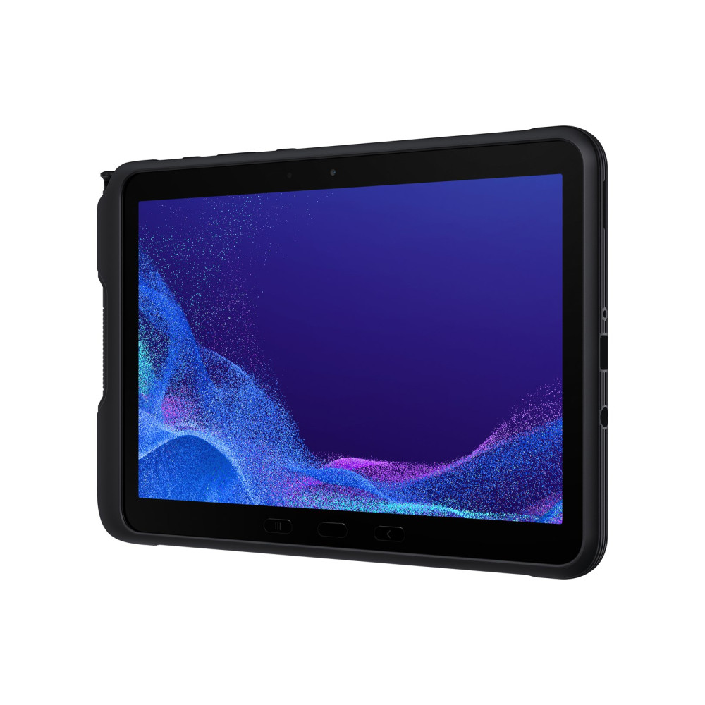 Czarny tablet wyświetlający niebieskie tło z cząsteczkami.
