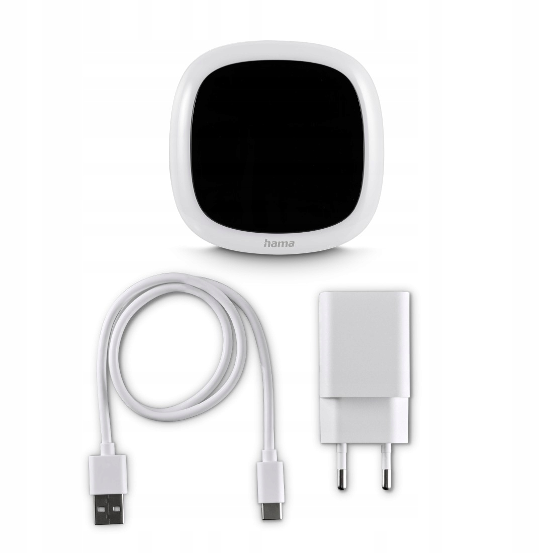 Stazione di ricarica Hama bianca con display nero, cavo USB e adattatore.