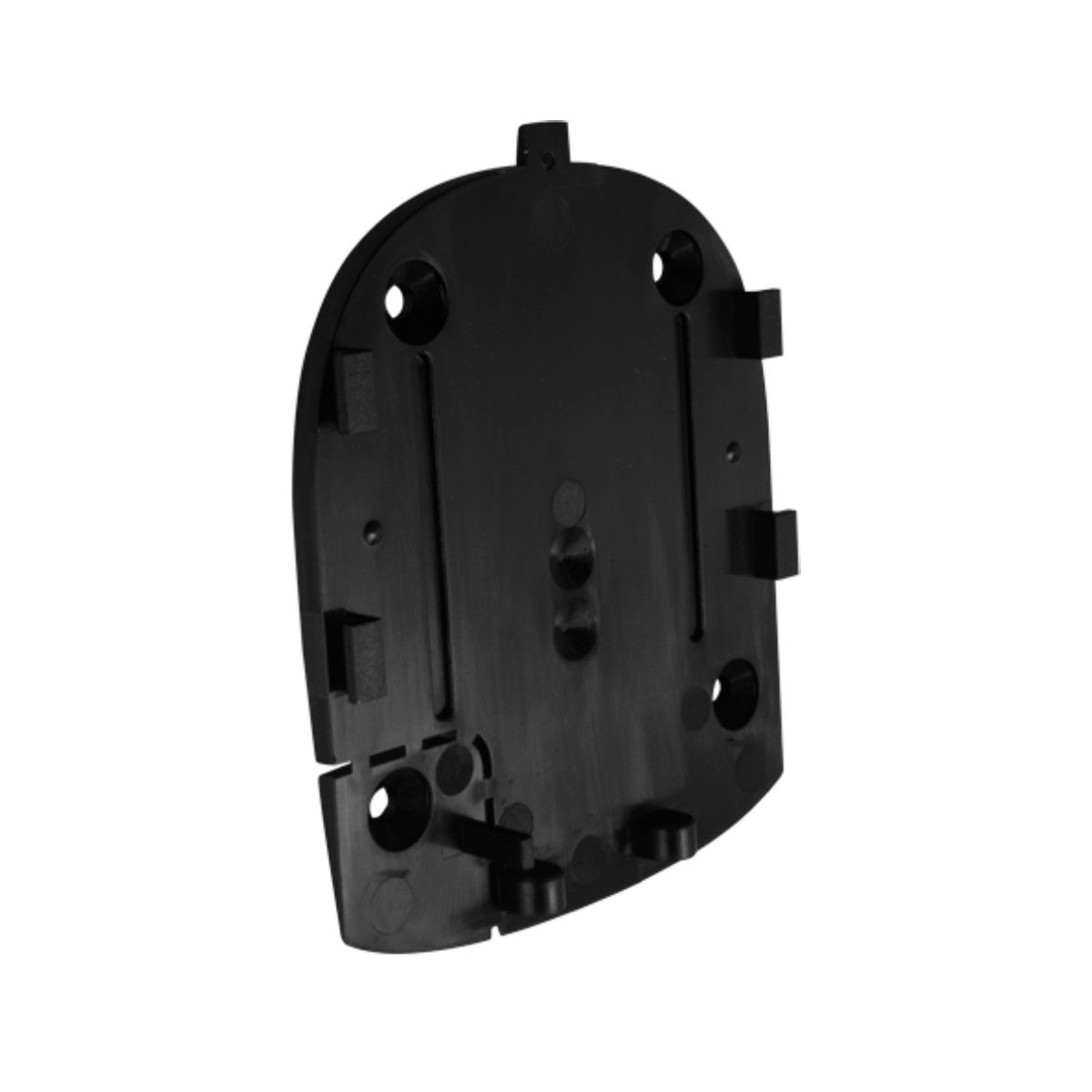Parte in plastica nera con base ovale e linguette di montaggio.