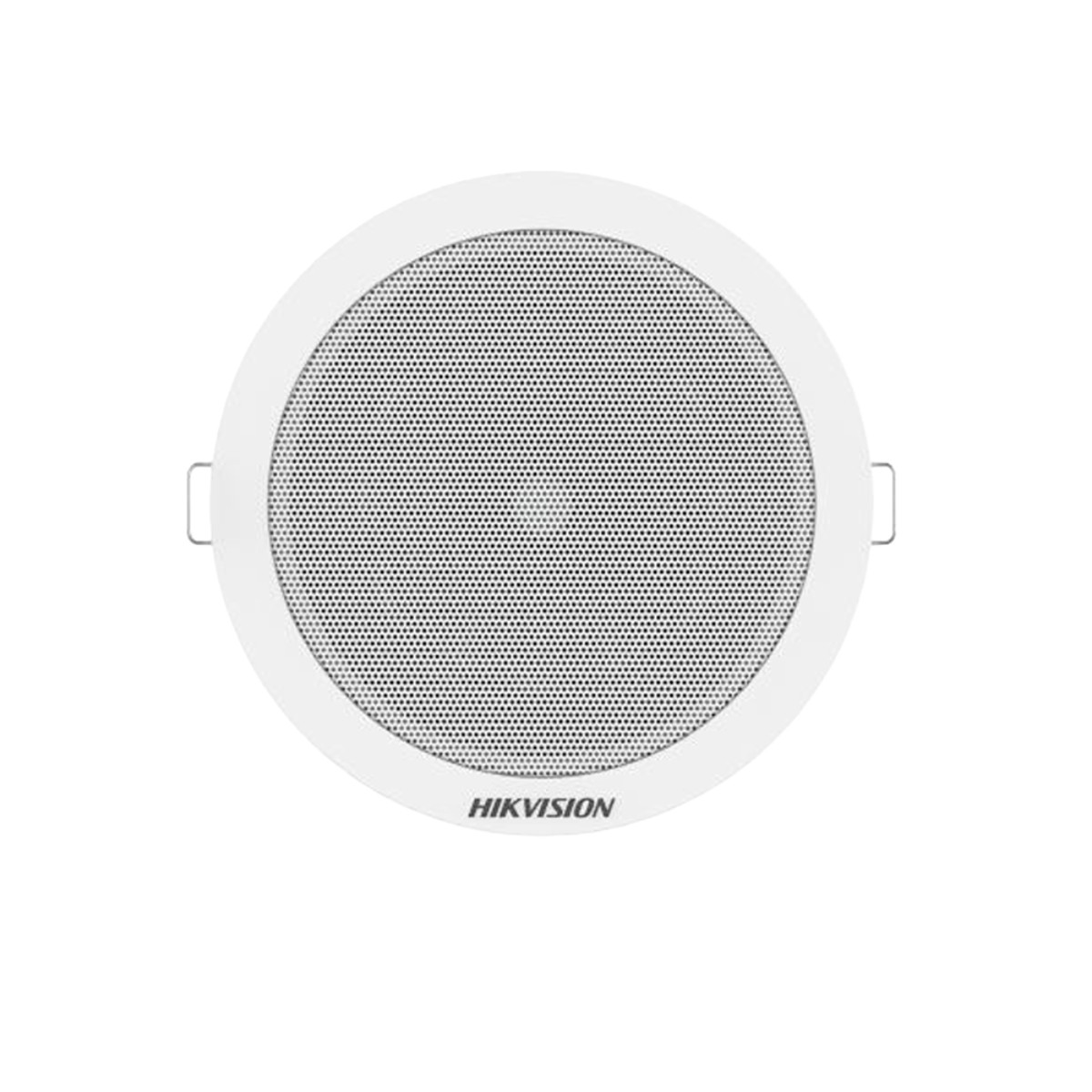 Hikvision logosu ve ızgaralı beyaz bir tavan hoparlörü.