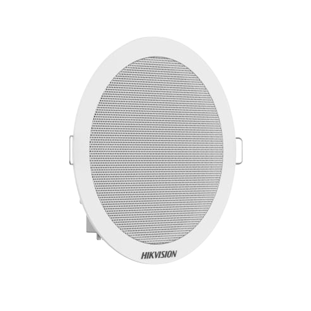 Delikli ızgaralı beyaz bir Hikvision tavan hoparlörü.