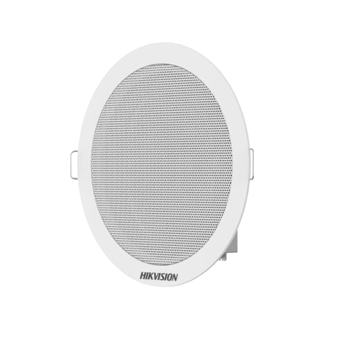 Perforeli ızgaralı ve HIKVISION logolu beyaz tavan hoparlörü.