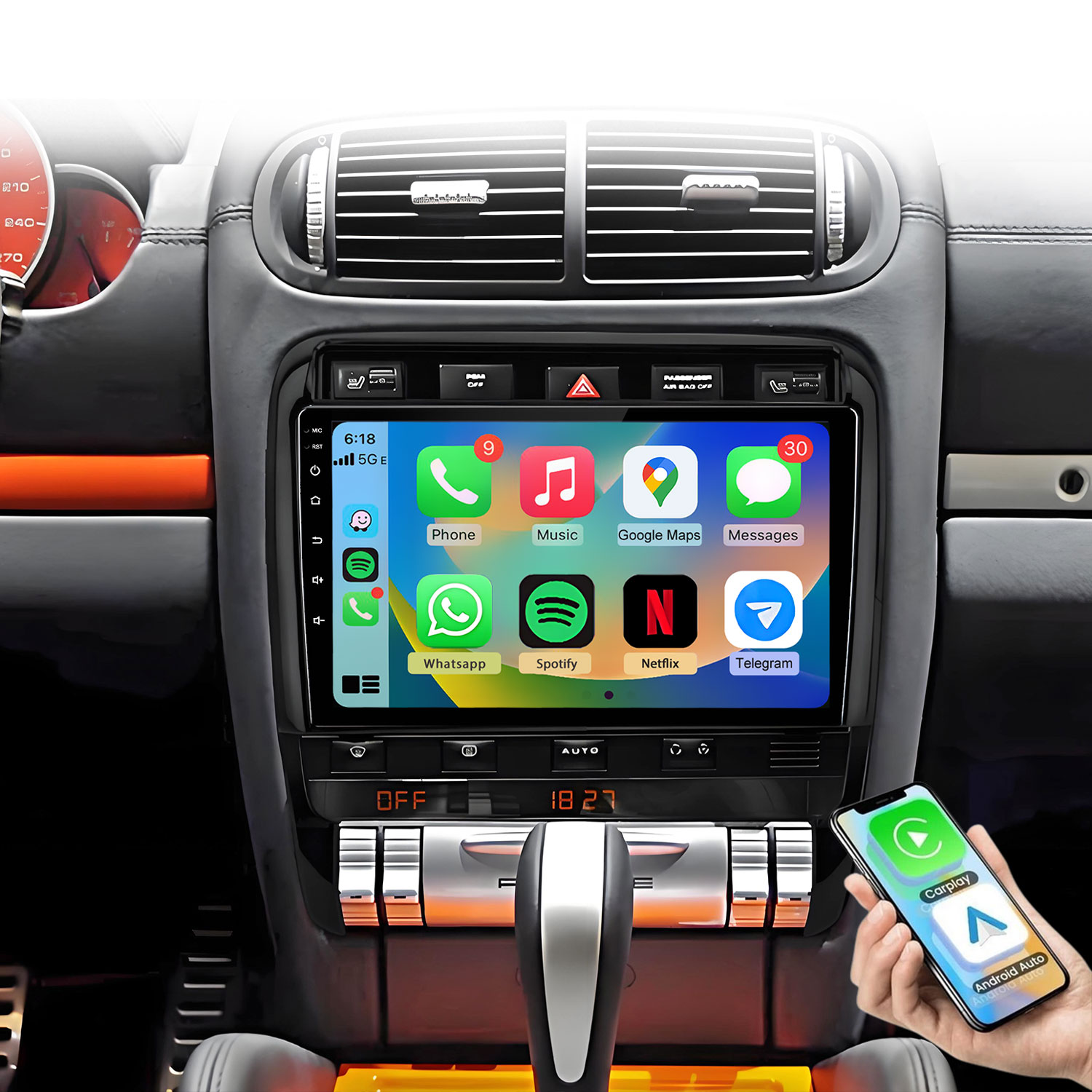 Interior de coche con sistema de infoentretenimiento táctil que muestra apps como Teléfono, Música y Mapas.