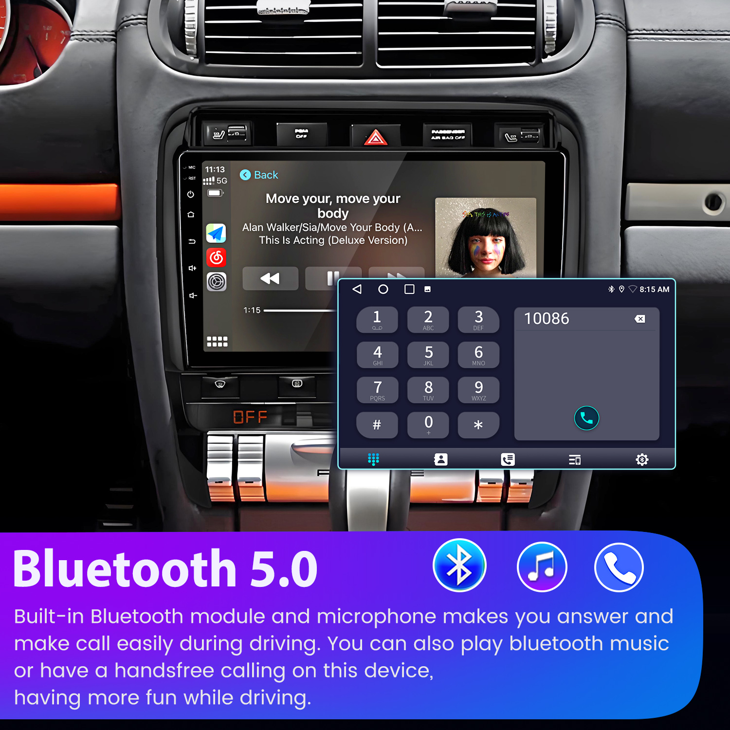 Radio samochodowe z ekranem dotykowym wyświetla muzykę i aplikację telefonu. Bluetooth 5.0.