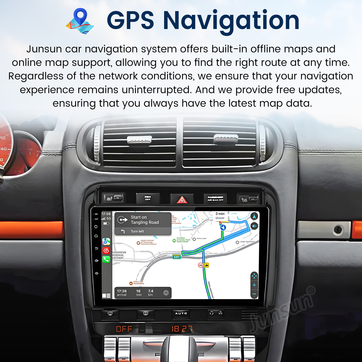 Deska rozdzielcza samochodu z ekranem nawigacji GPS pokazującym trasę.