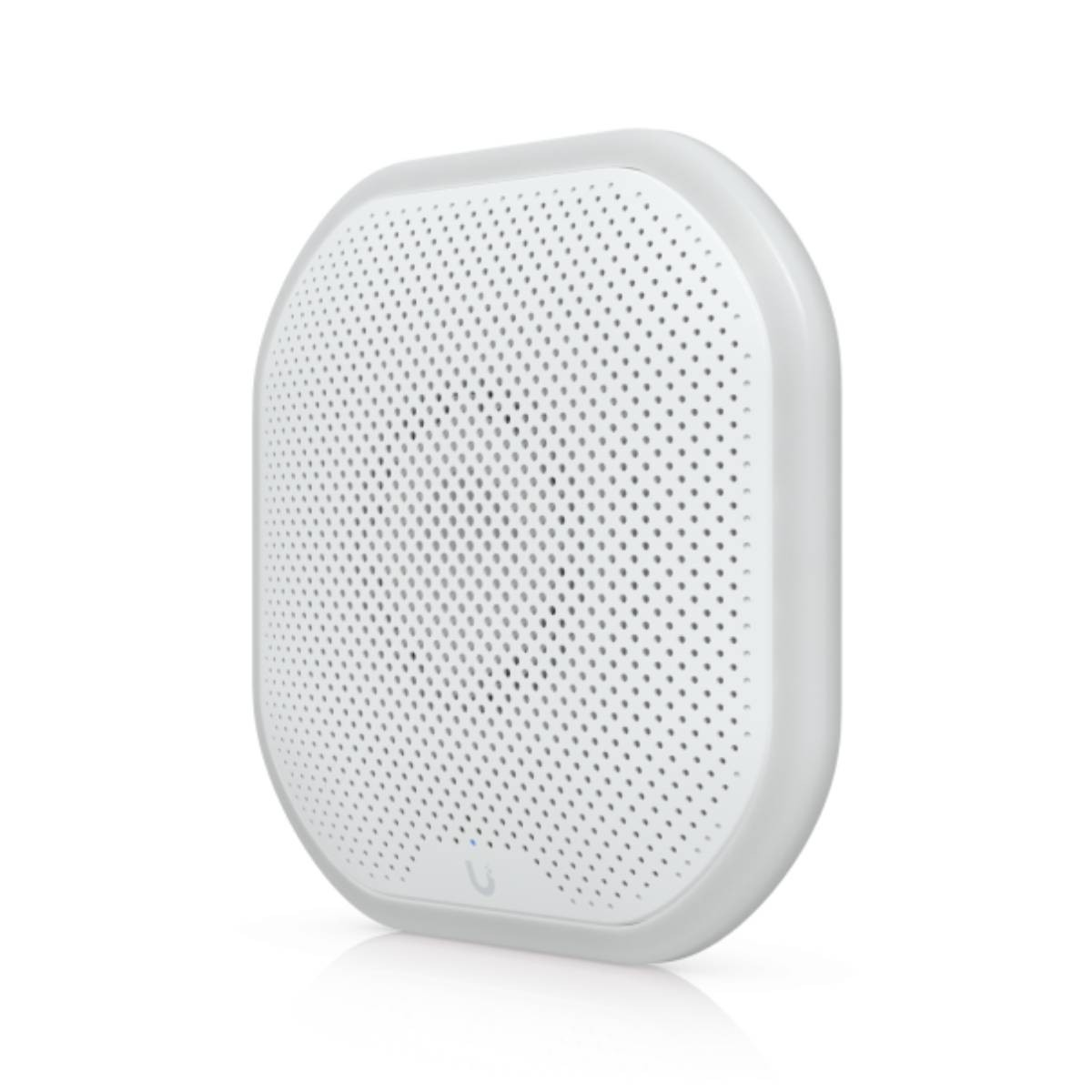Un dispositivo bianco ovale con pannello frontale forato e un piccolo logo blu.