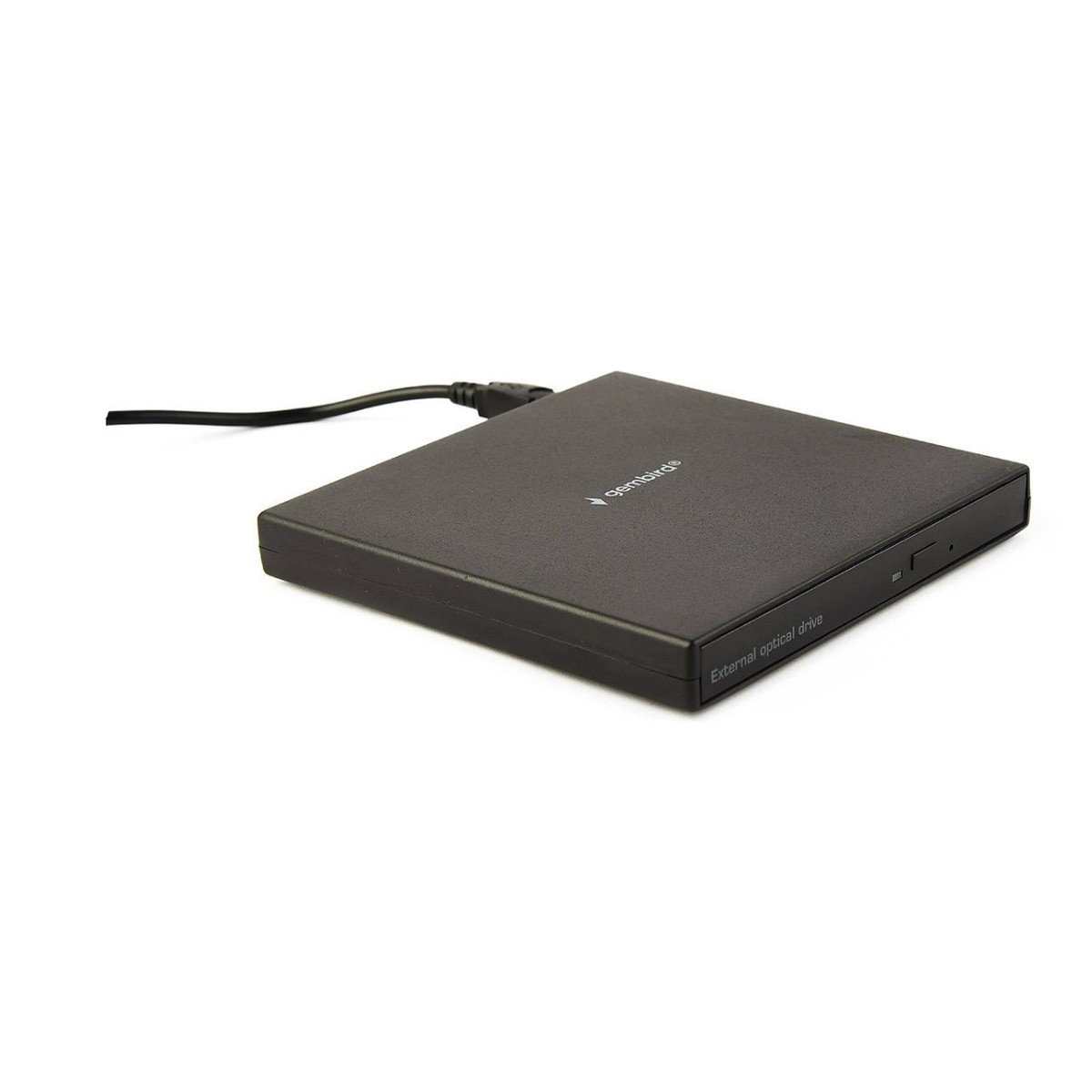 Een zwarte externe optische drive met een kabel op witte achtergrond.