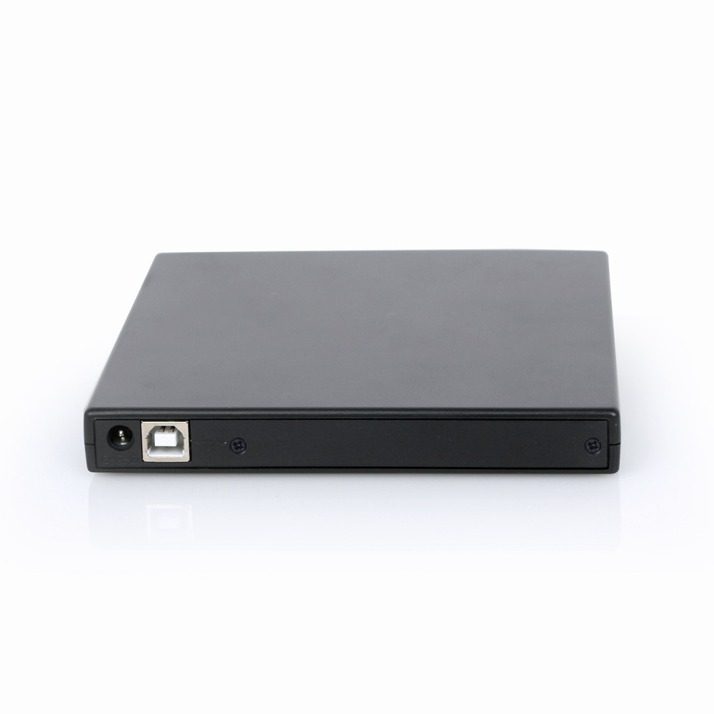 Zwarte externe CD/DVD-brander met USB-poort en stroomaansluiting.