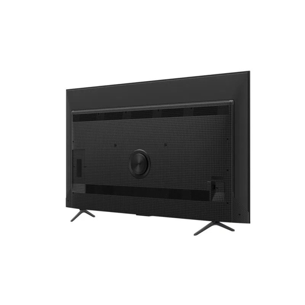 Tył czarnego telewizora z płaskim ekranem, z teksturowanym tyłem i dwiema stopkami.