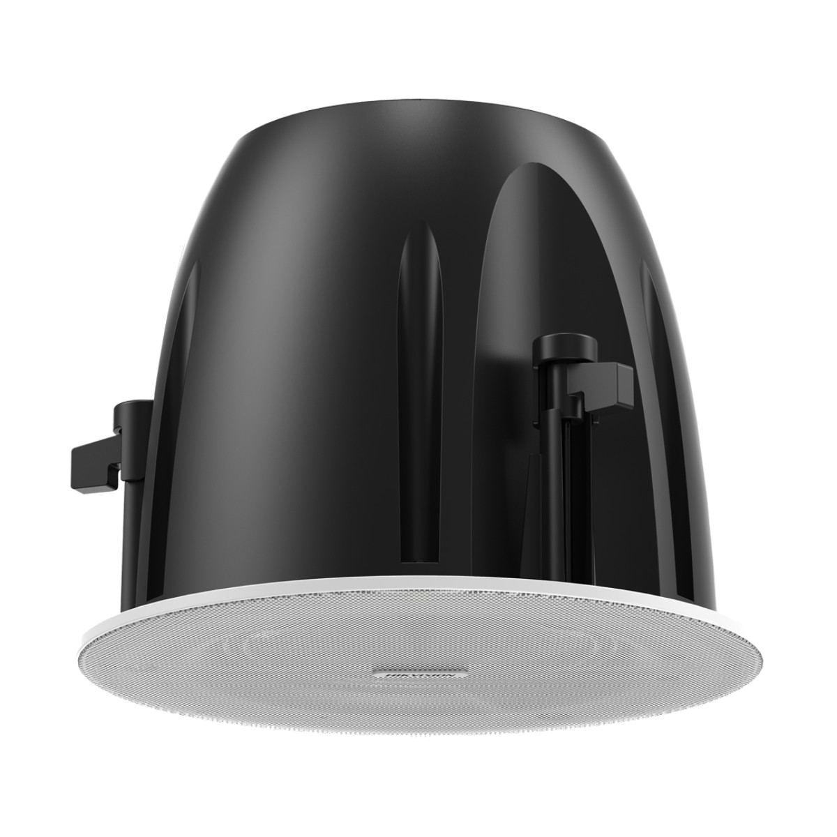 Altoparlante nero da incasso a soffitto con griglia bianca e logo argento.