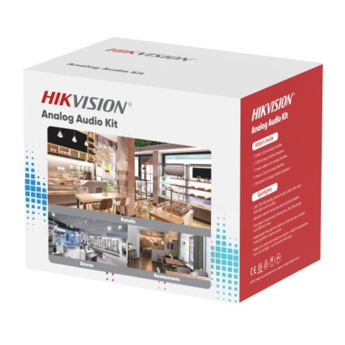 Scatola Hikvision Analog Audio Kit con immagini di negozi, ristoranti e vendita al dettaglio.