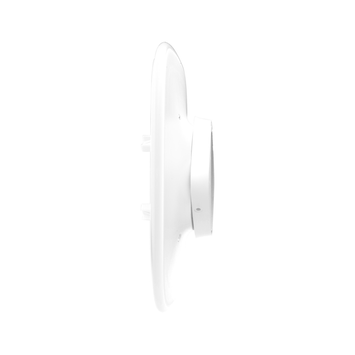 Un dispositivo bianco e rotondo con un ritaglio circolare, visto di lato.