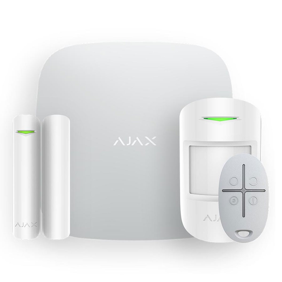 Componenti allarme Ajax bianchi: hub, sensori porta/finestra, rilevatore movimento, telecomando.
