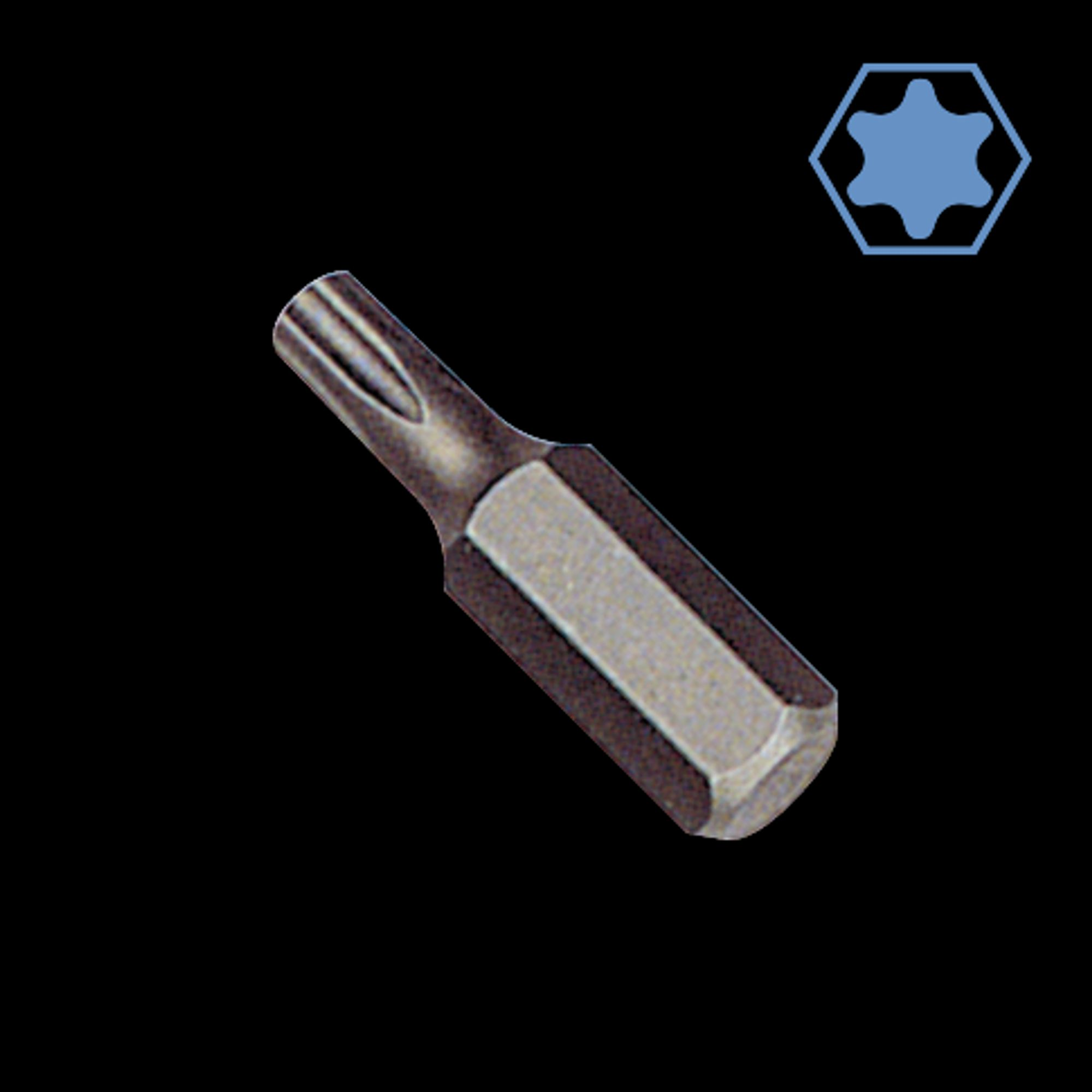 Una punta Torx con profilo a stella su sfondo nero.
