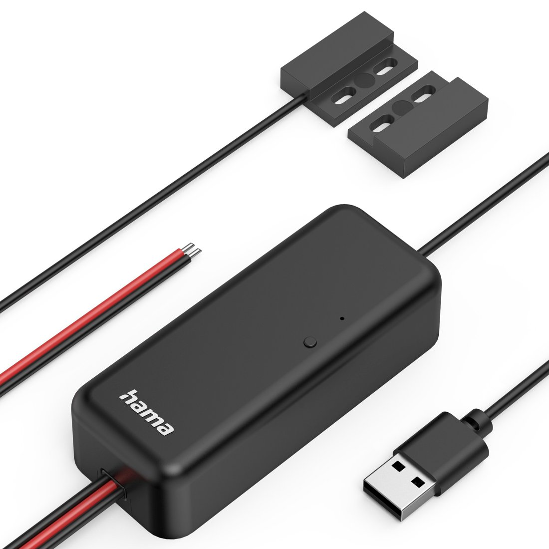 Czarny moduł Hama z kablem USB, dzwonkiem i dwoma czujnikami kontaktronowymi.