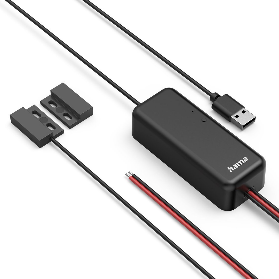 Czujnik drzwi czarny z kablem USB i przewodami na białym tle.