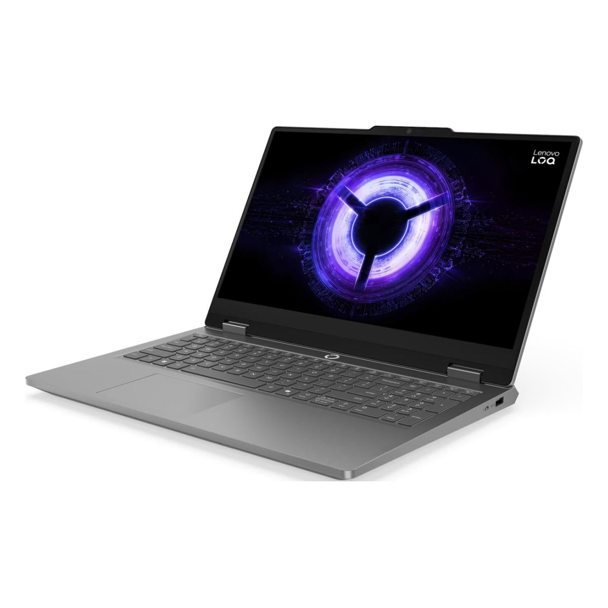 Grauer Laptop mit beleuchtetem violettem Kreis auf dem Bildschirm.