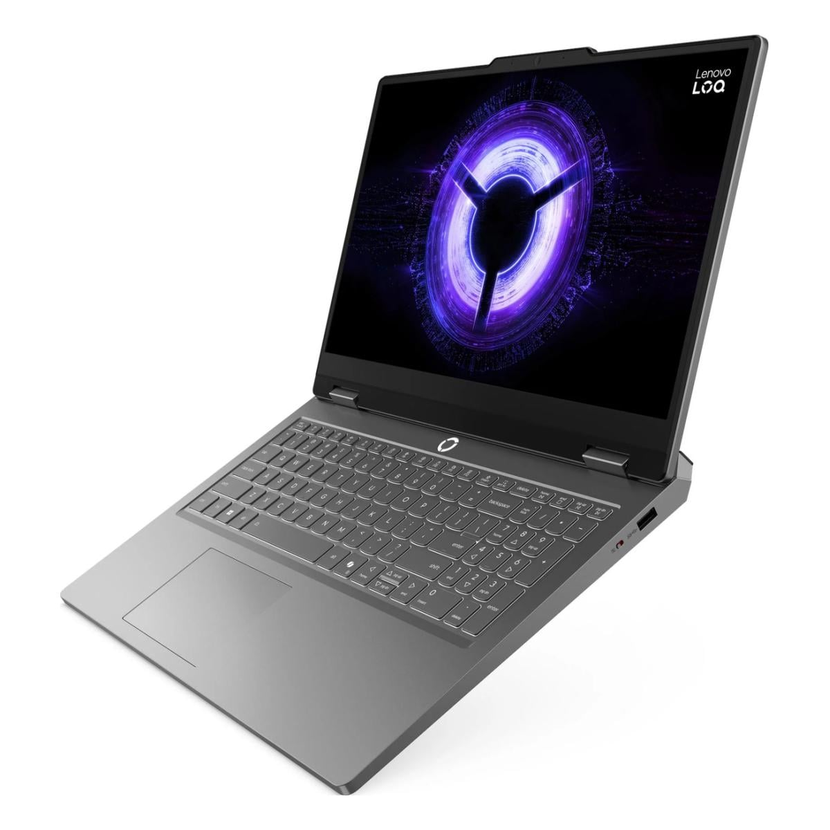 Ein graues Lenovo Laptop mit beleuchteter Tastatur und violettem Muster auf dem Bildschirm.