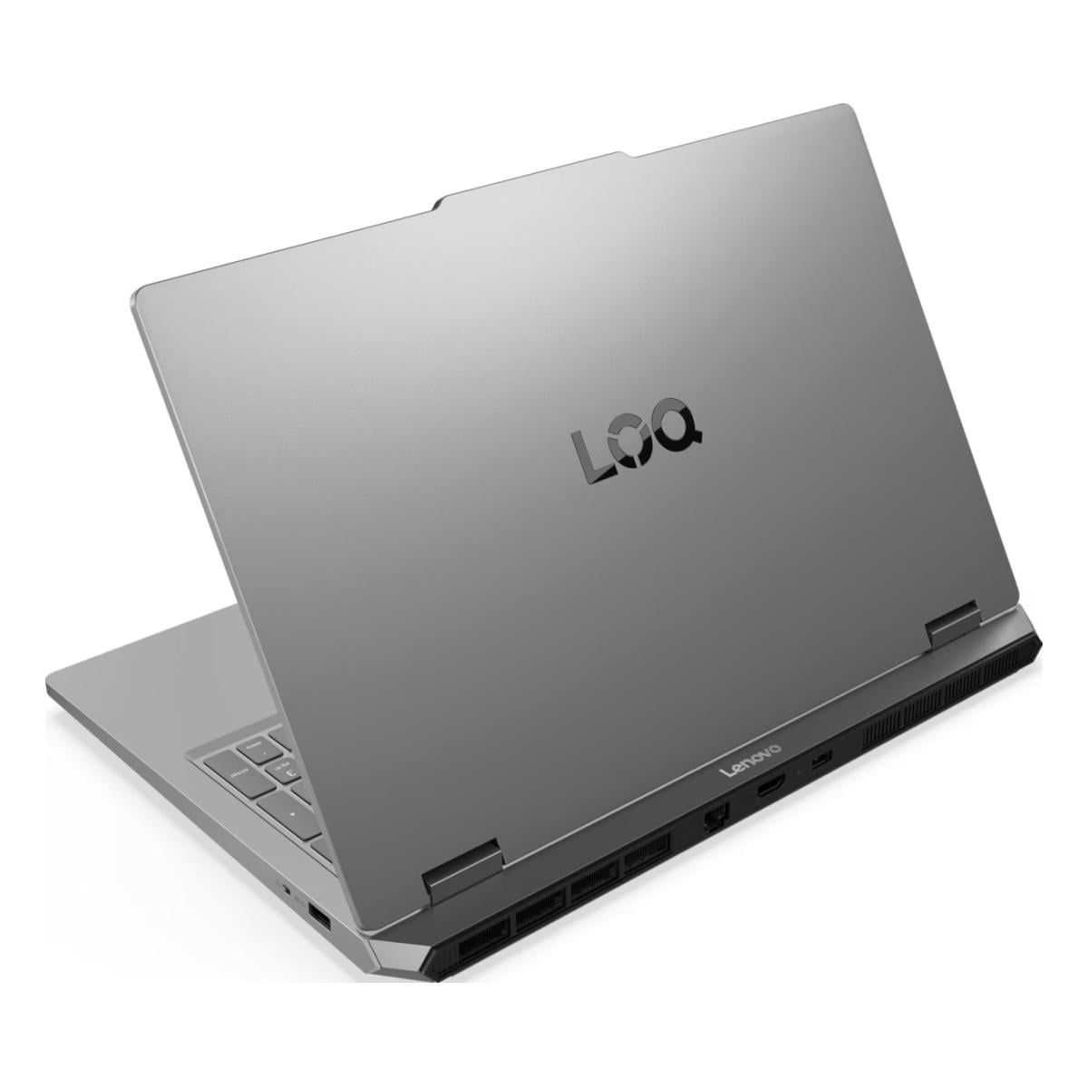 Ein geschlossener silberner Laptop mit dem LOQ-Logo auf dem Deckel.