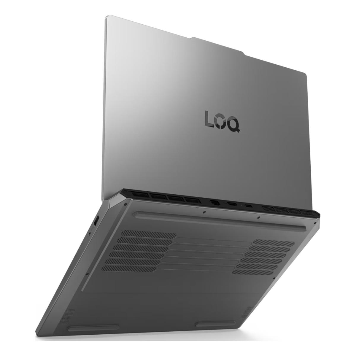 Grauer Laptop mit geöffnetem Deckel, Logo auf der Oberseite, Lüftungsschlitze unten.