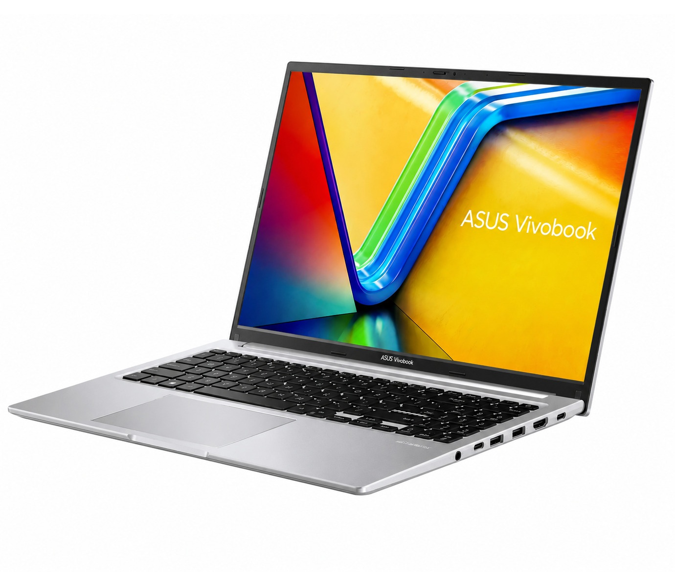 Silberner ASUS Vivobook Laptop mit lebendigem Bildschirm, der farbenfrohe abstrakte Wellen zeigt.