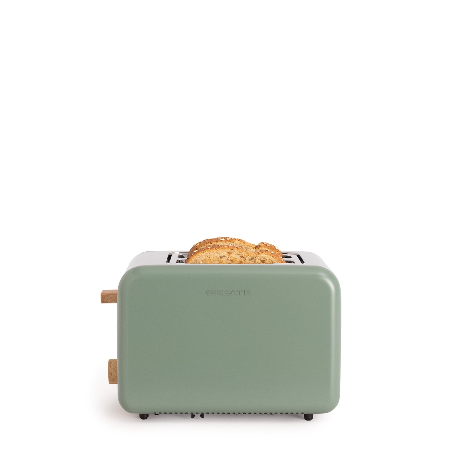Una tostadora verde salvia con detalles de madera, tostando dos rebanadas de pan.