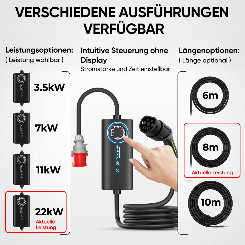 Verschiedene Ladekabel mit Optionen für Leistung und Länge.