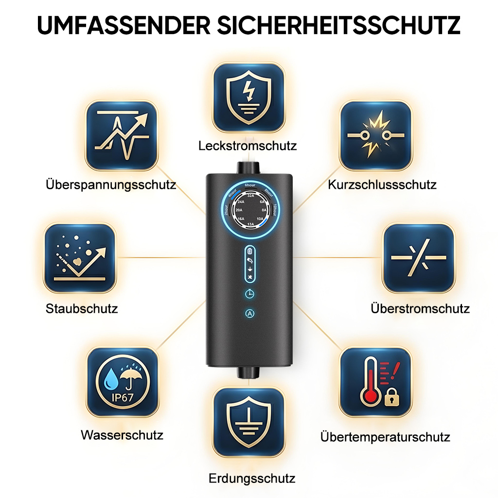 Ein schwarzes Gerät mit verschiedenen Sicherheitssymbolen: Überspannung, Leckstrom, Kurzschluss, Überstrom, Übertemperatur, Erdung, Wasser, Staub.