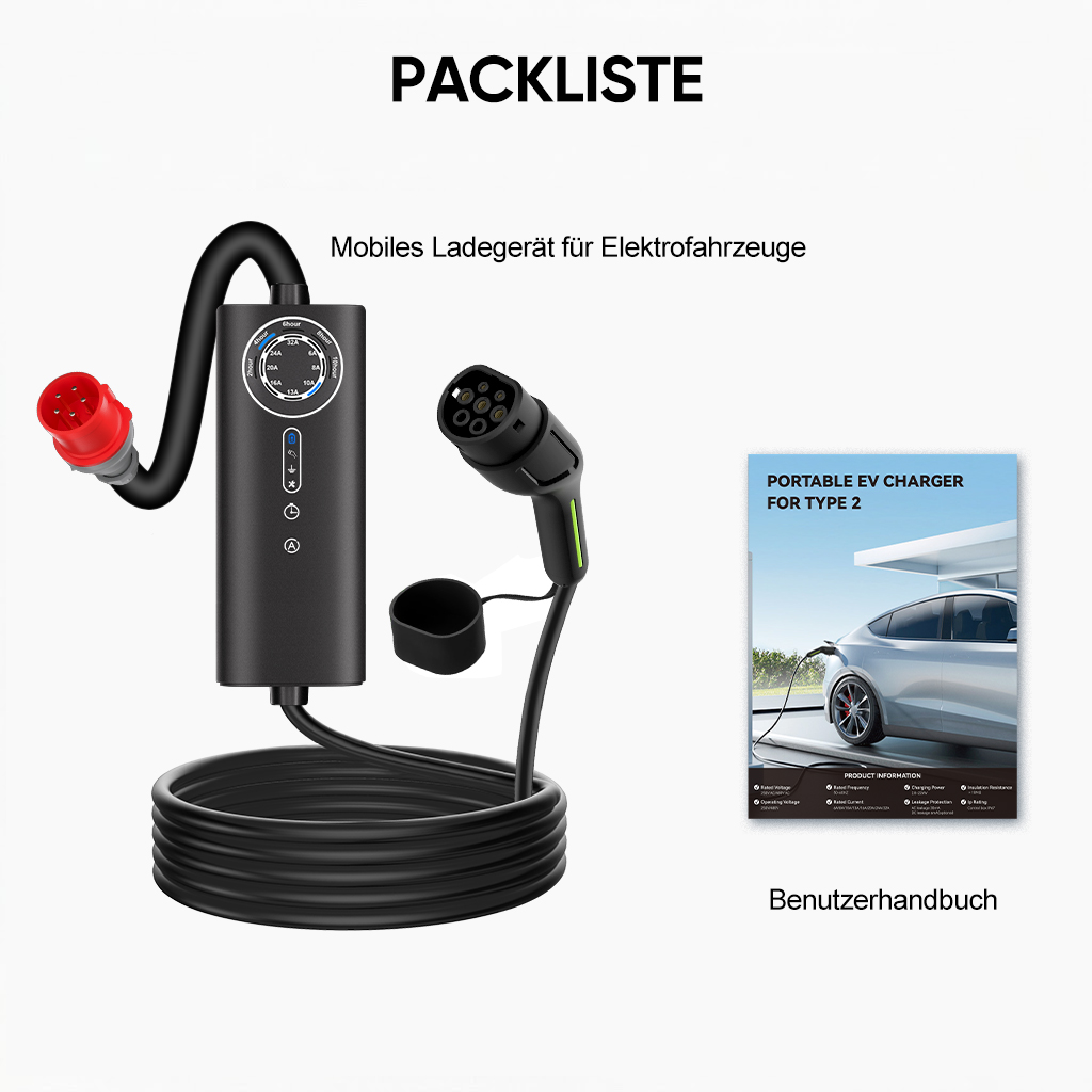 Schwarzes Ladekabel für Elektroautos mit rotem Stecker und Bedienungsanleitung.