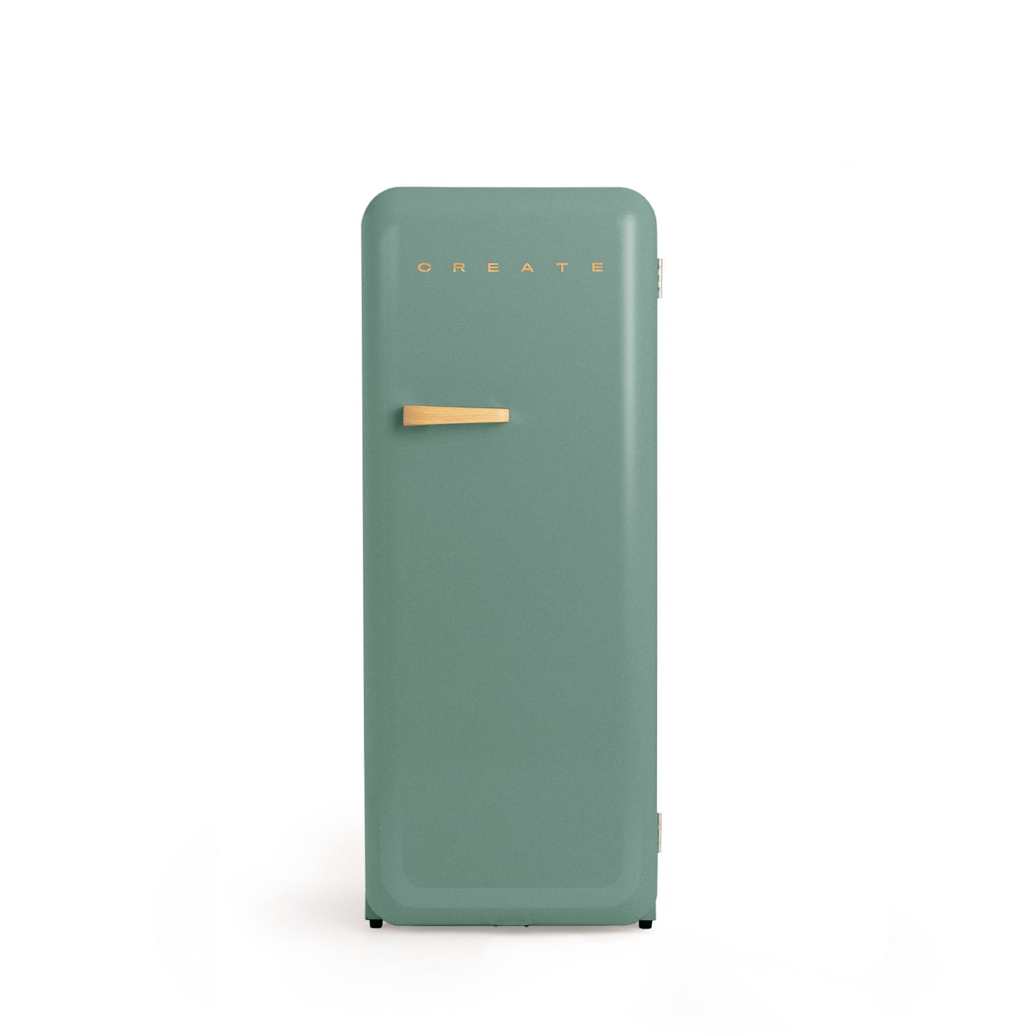 Un frigorífico retro minimalista, verde, con un tirador dorado.