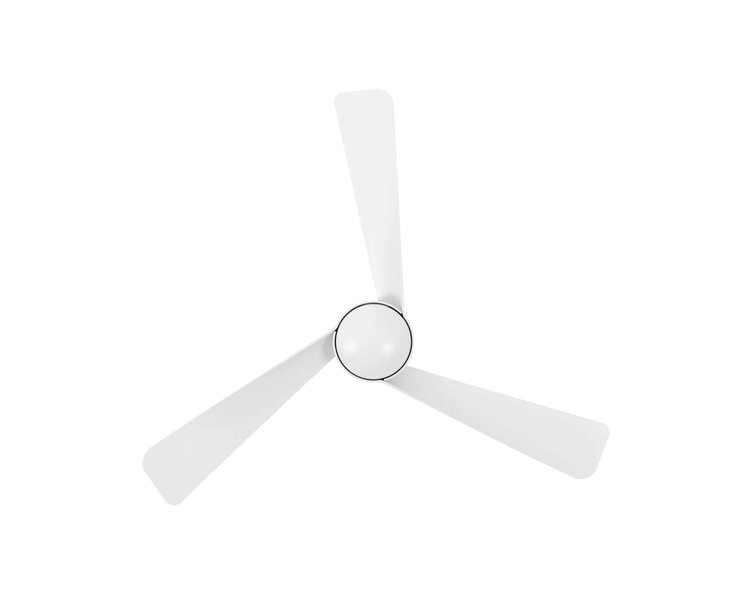 Ein weißer Deckenventilator mit drei Flügeln auf weißem Hintergrund.
