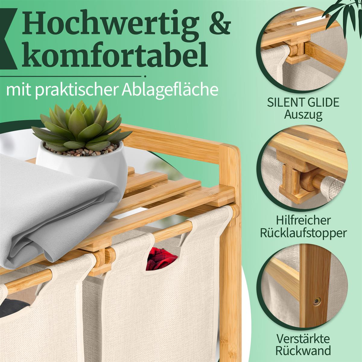 Ein Bambusregal mit zwei Stoffkörben, einem Topf und gefalteten Tüchern.
