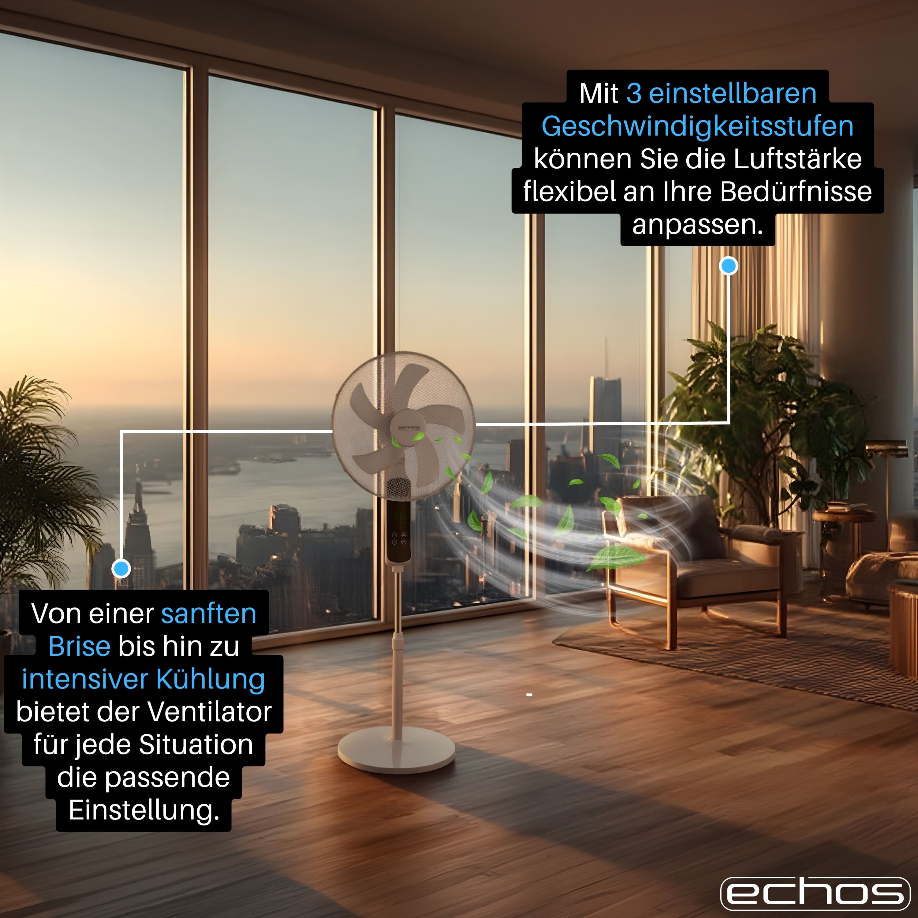 Ein Ventilator mit 3 Stufen kühlt sanft oder intensiv.