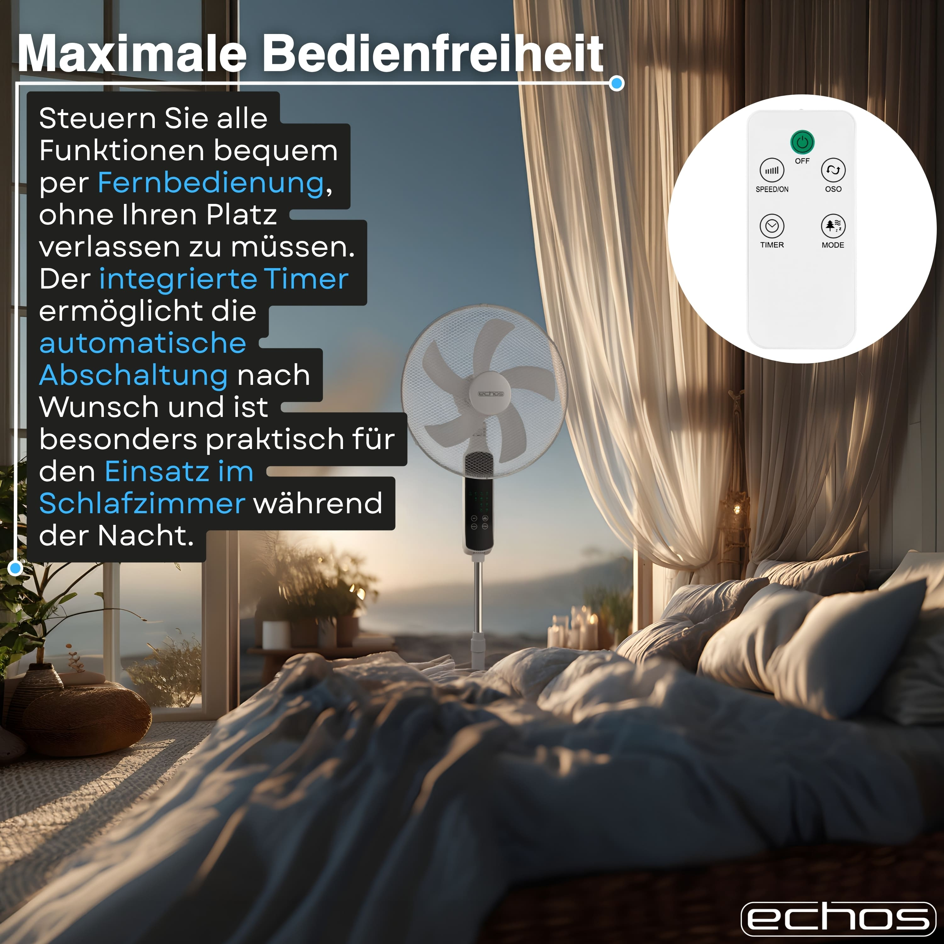 Ein Ventilator mit Fernbedienung steht neben einem Bett, mit Text über Funktionen.