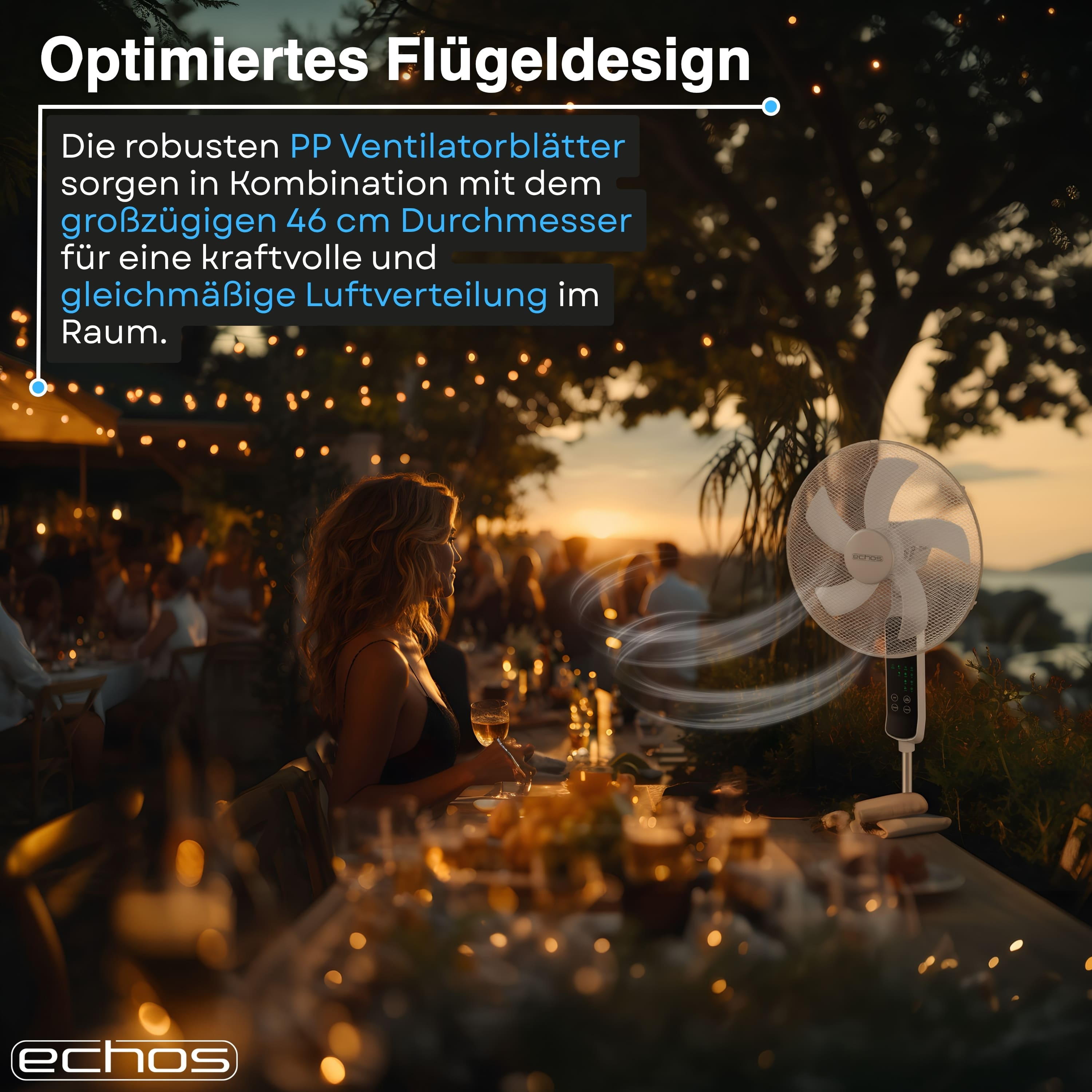 Ein Ventilator steht draußen bei einer Abendessenparty mit Lichterketten.