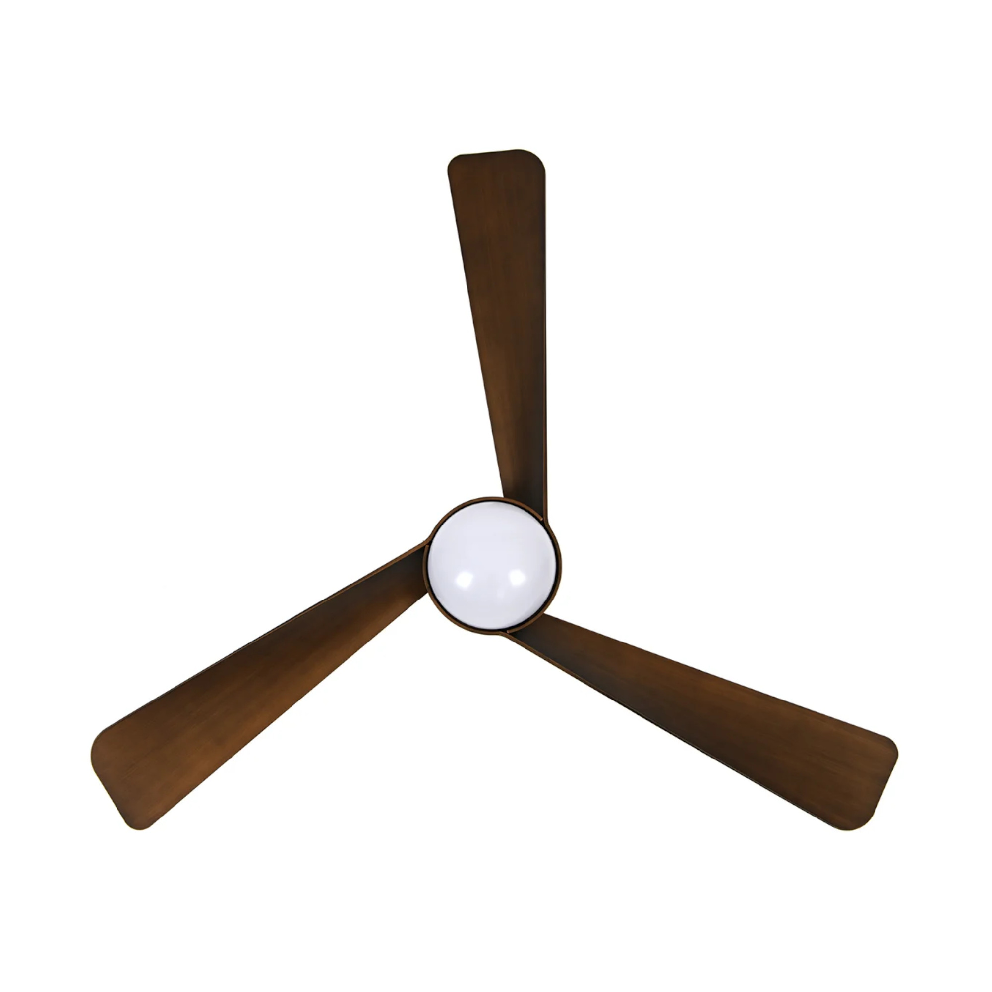 Ein Deckenventilator mit drei bronzefarbenen Flügeln und einer runden weißen Leuchte.