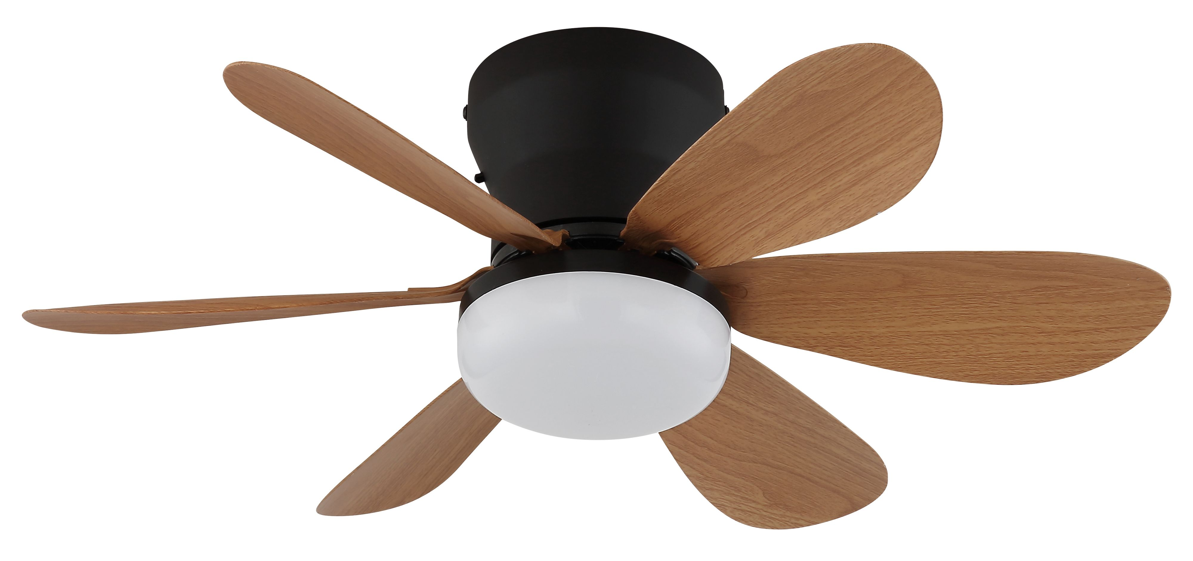 Schwarzer Deckenventilator mit fünf Holzflügeln und runder Lampe.