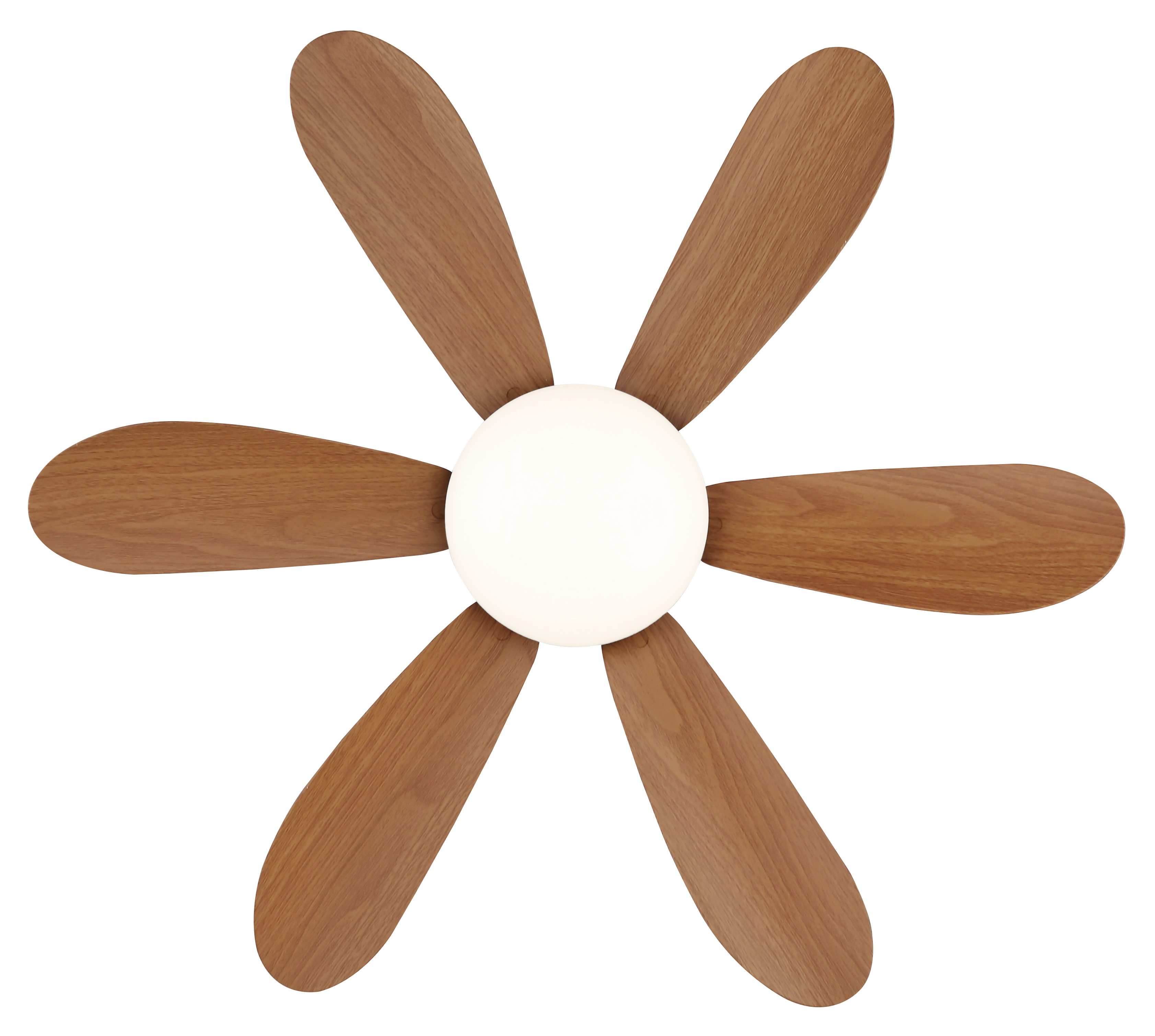 Ein moderner Deckenventilator mit sechs Holzflügeln und zentralem weißen Licht.