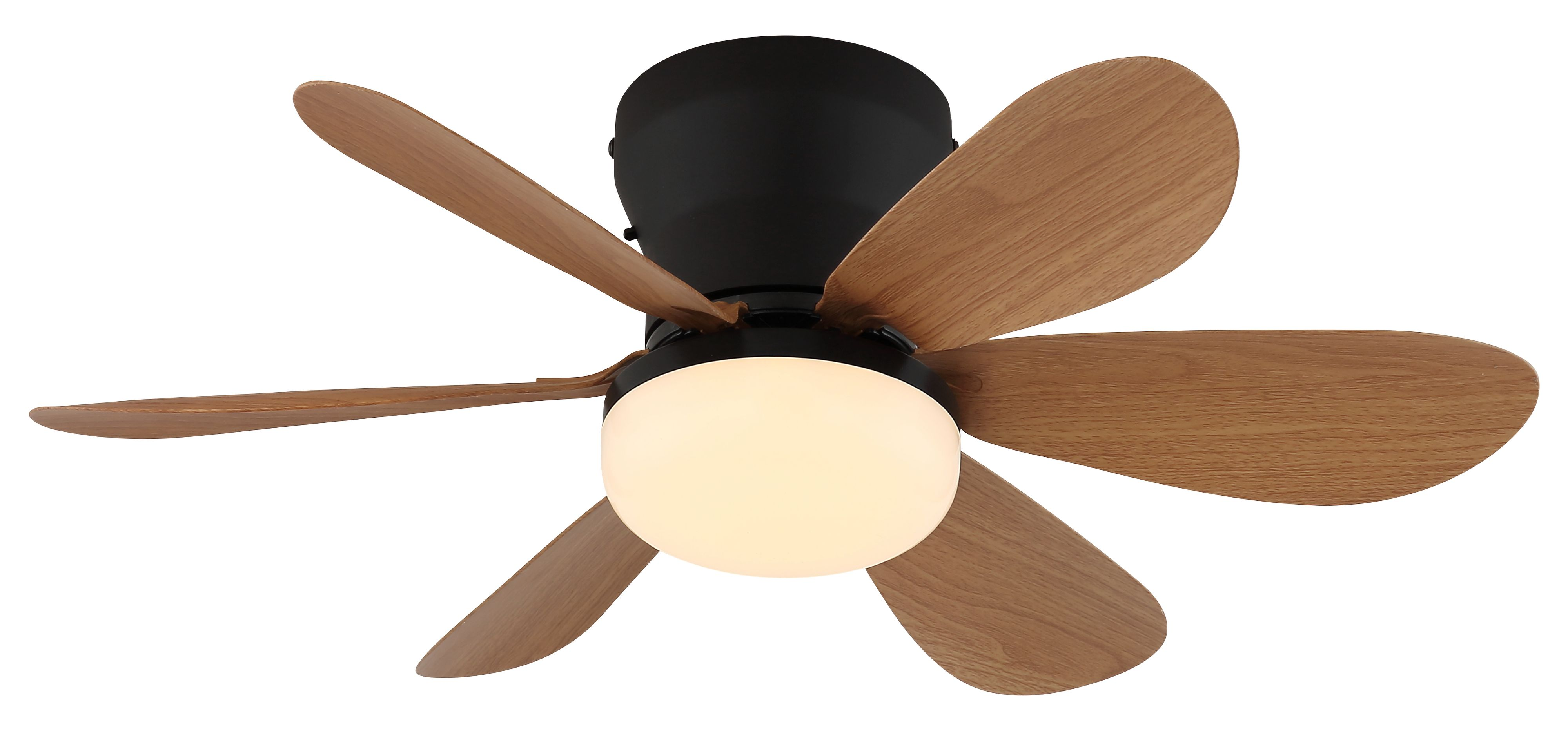 Schwarzer Deckenventilator mit fünf Holzblättern und kugelförmiger Lampe.