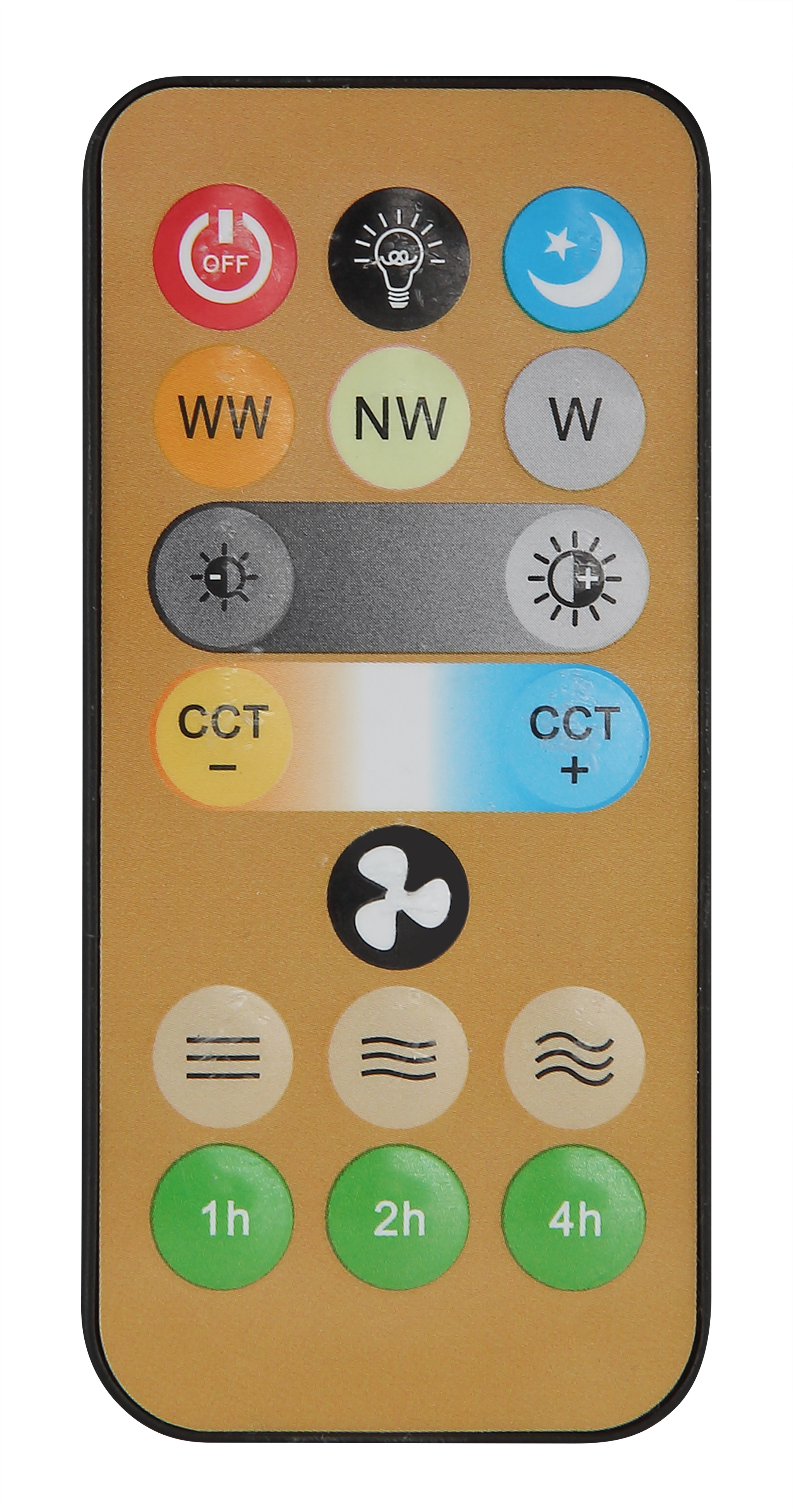 Fernbedienung mit Tasten für Licht, Mond, Ventilator, Timer und Helligkeit.