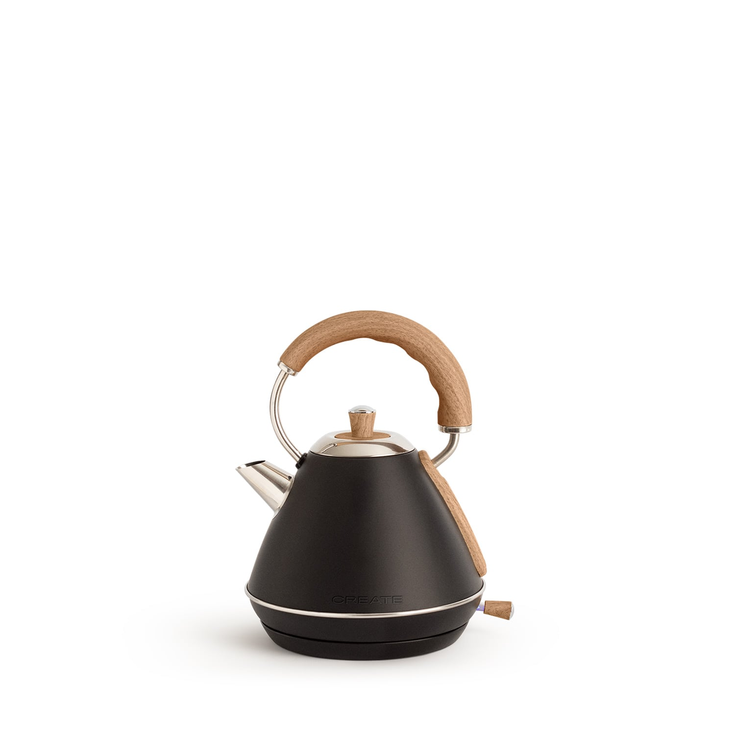 Tetera negra con mango y detalles de madera sobre fondo blanco.